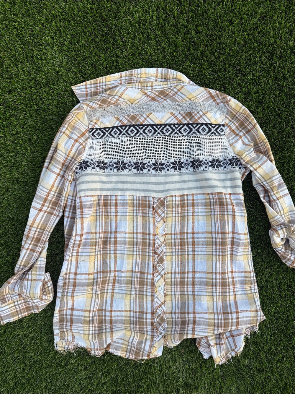 We The Free Plaid & Floral Mix Shirt in Cream, Brown, Yellow and Red - Picture 3 of 3